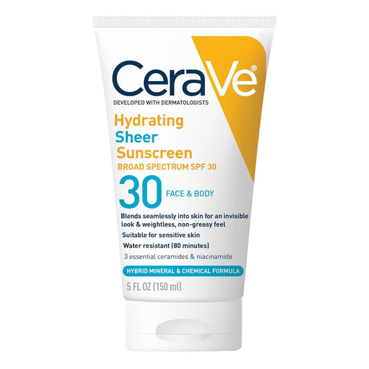 CeraVe Hydrating Sheer Sunscreen with SPF 30 for Face and Body, Mineral & Chemical Sunscreen for Men & Women with Zinc Oxide, Hyaluronic Acid and Ceramides, Paraben-Free + Fragrance-Free, 5 Ounces