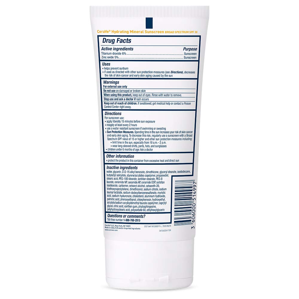 CeraVe 100% Mineral Sunscreen SPF 30 with Zinc Oxide & Titanium Dioxide, Hyaluronic Acid & Ceramides, Oil Free, Non-Greasy, Hydrating Mineral Sunscreen For Body, 5 oz