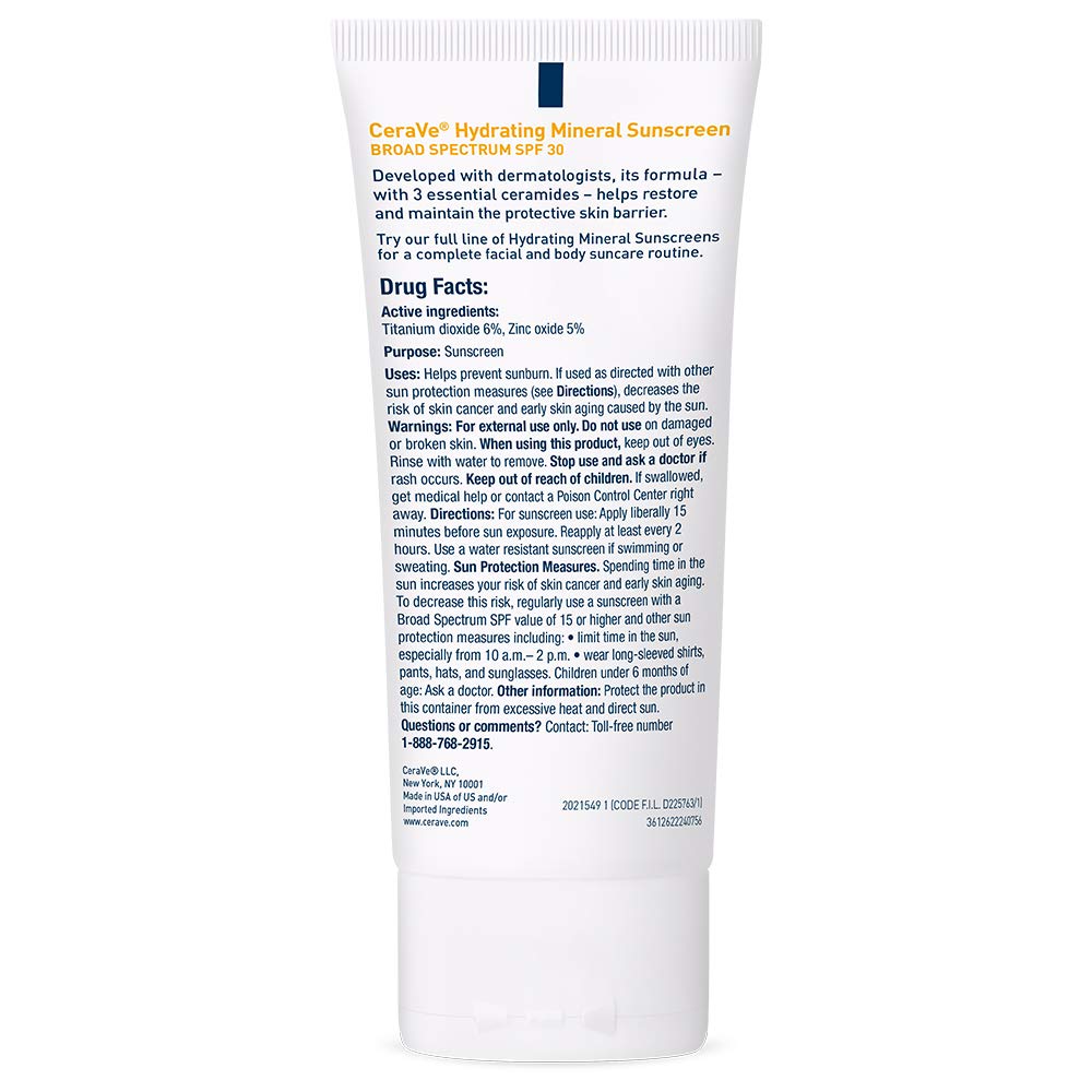 CeraVe 100% Mineral Sunscreen SPF 30, Face sunscreen With Zinc Oxide & Titanium Dioxide, Hyaluronic Acid + Niacinamide + Ceramides, Oil Free, Travel Size 2.5 oz