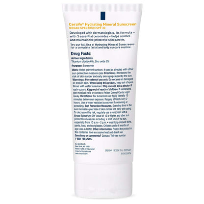 CeraVe 100% Mineral Sunscreen SPF 30, Face sunscreen With Zinc Oxide & Titanium Dioxide, Hyaluronic Acid + Niacinamide + Ceramides, Oil Free, Travel Size 2.5 oz
