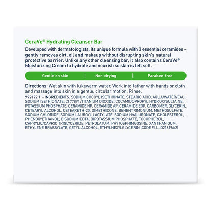 CeraVe Hydrating Cleanser Bar, Soap-Free Body and Facial Cleanser with 5% Moisturizing Cream, Fragrance-Free, 2-Pack, 4.5 Ounce Each