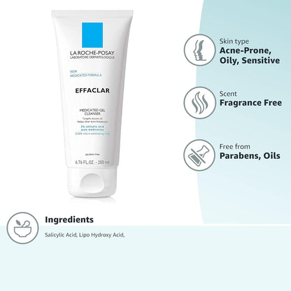 La Roche-Posay Effaclar Medicated Gel Cleanser, 2% Salicylic Acid Cleanser + LHA + Glycerin, Foaming Acne Face Wash, Helps Clear & Prevent Acne Breakouts, Oil Free, Targets Excess Oil