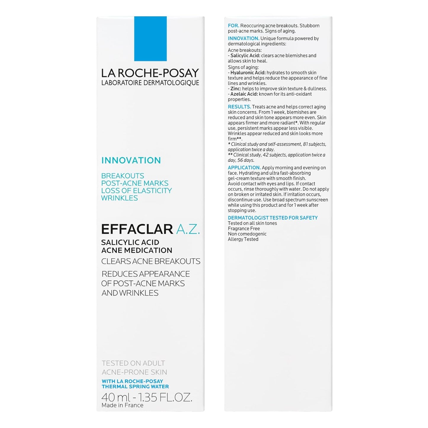 La Roche-Posay Effaclar A.Z. Gel, Azelaic Acid & Salicylic Acid for Acne Treatment, Anti-Aging & Acne Scars, Dual Action Medicated Face Gel for Breakouts & Signs of Aging, 1.35 oz