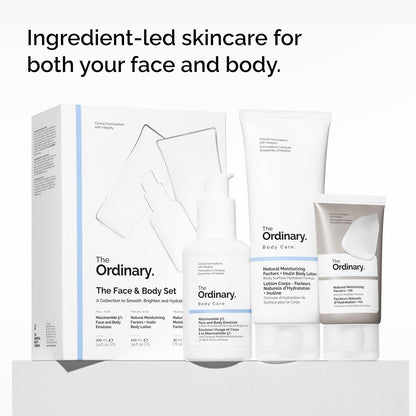 The Ordinary Face & Body Set Daily Skincare Routine with Niacinamide 5% Face & Body Emulsion, Natural Moisturizing Factors + Inulin Body Lotion, and Natural Moisturizing Factors + Hyaluronic Acid