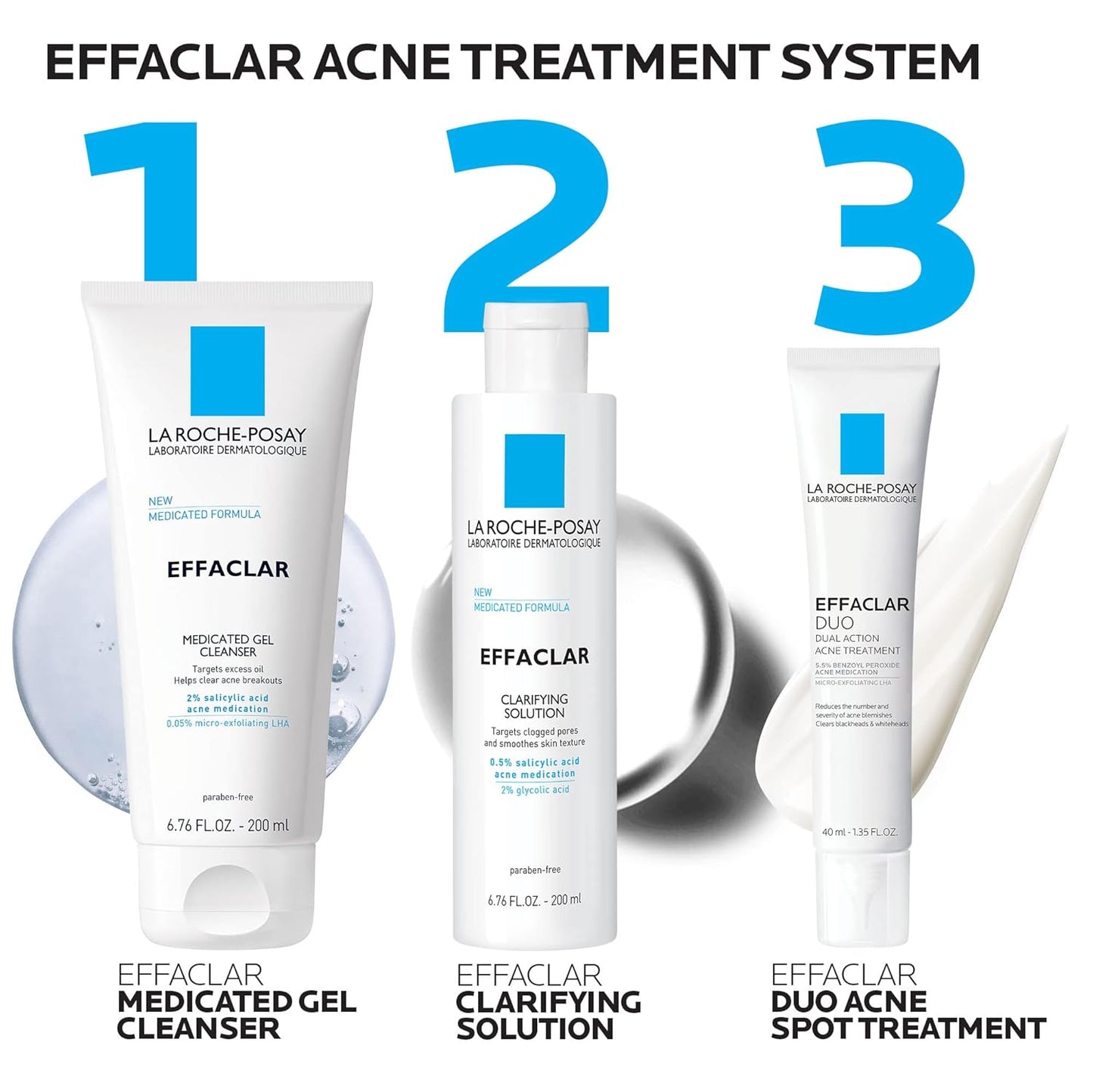 La Roche-Posay Effaclar Dermatological 3 Step Acne Treatment System, Salicylic Acid Acne Cleanser, Pore Refining Toner, and Benzoyl Peroxide Spot Treatment for Sensitive Skin