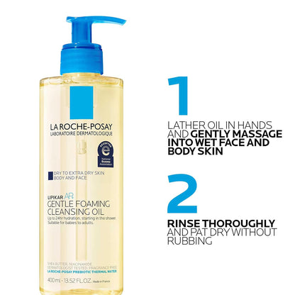 La Roche-Posay Lipikar AP+ Gentle Foaming Cleansing Oil, Gentle Oil Cleanser for Face and Body Formulated with Niacinamide, Long-Lasting 24-hour Hydration, Fragrance-Free & Soap Free