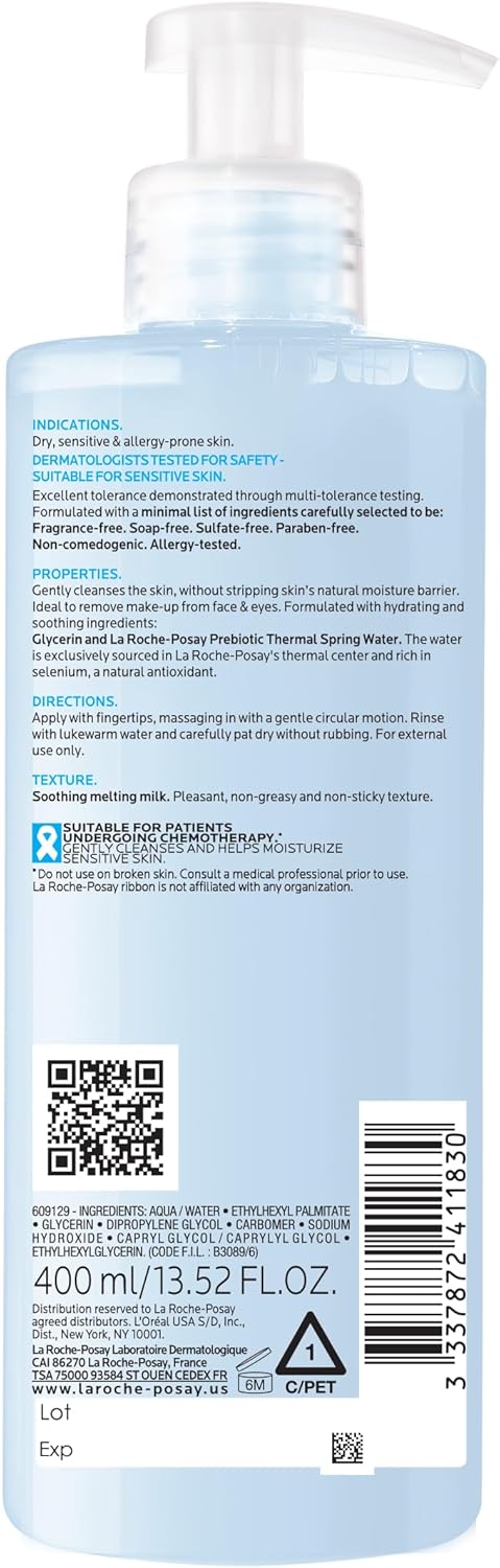 La Roche-Posay Toleriane Moisturizing Milky Cleanser, Gentle Face Cleanser with Glycerin for Dry, Sensitive & Allergy-Prone Skin, Face Wash for Hydration, Makeup Remover Cleanser, 13.5fl oz