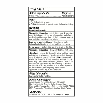 The Ordinary Sulfur 10% Powder-to-Cream Acne Spot Treatment Concentrate, Reduces Pimple Size and Zit Redness, 0.18 Oz
