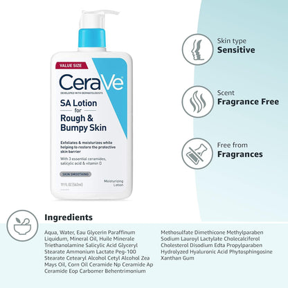 CeraVe SA Lotion for Rough & Bumpy Skin, Vitamin D, Hyaluronic Acid, Lactic Acid, Niacinamide & Salicylic Acid, Gentle Exfoliating Rough And Bumpy Skin Lotion, 19 Ounce