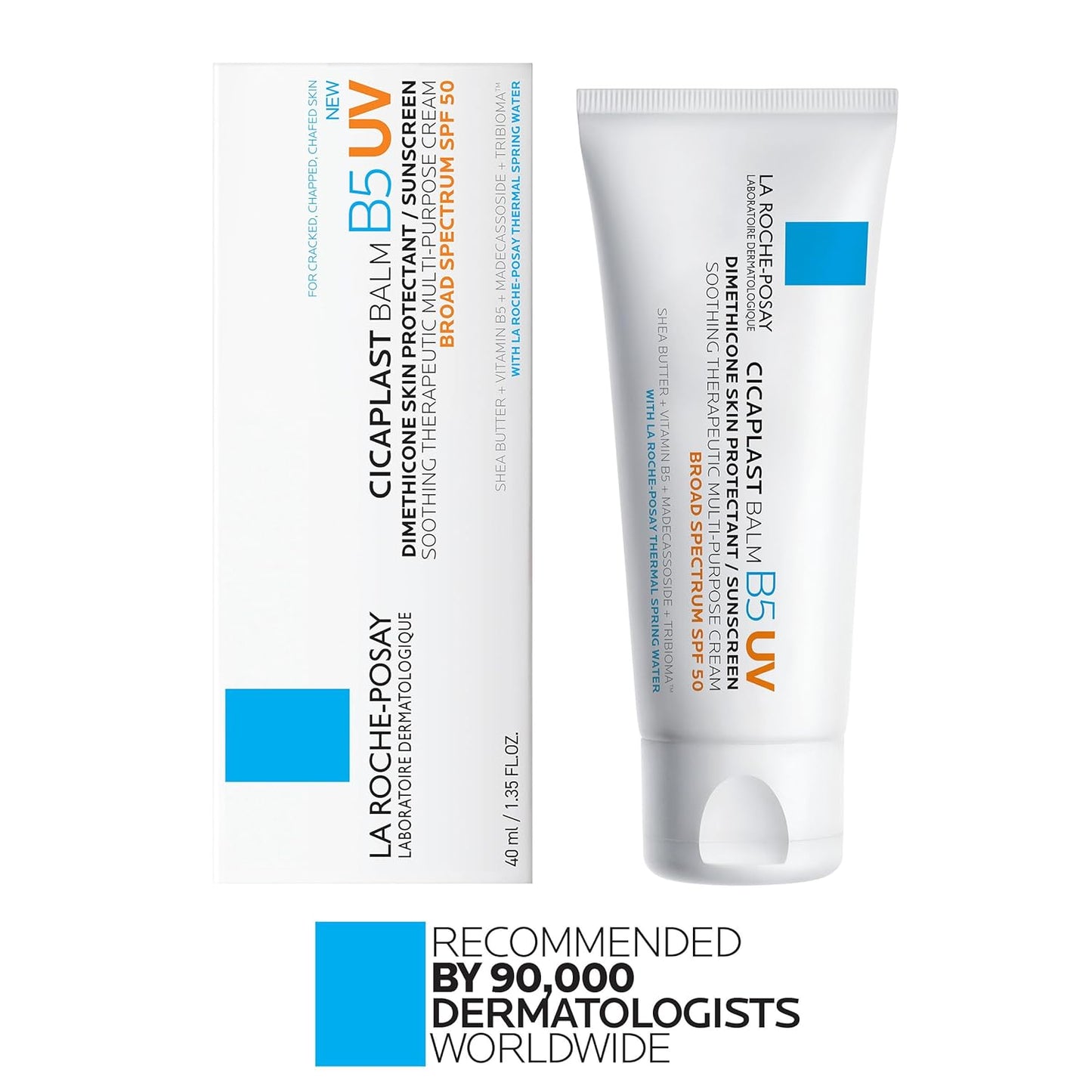 La Roche-Posay Cicaplast Balm B5 UV SPF 50, Vitamin B5 + Shea Butter + Tribioma + Madecassoside + Zinc Oxide Sunscreen, Post Treatment Skin Protectant With SPF, Multi-Purpose Cream For Dry Skin