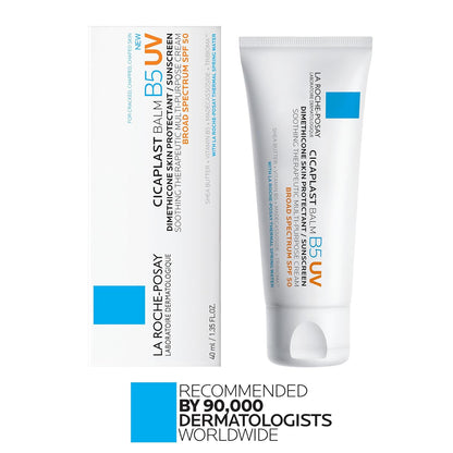 La Roche-Posay Cicaplast Balm B5 UV SPF 50, Vitamin B5 + Shea Butter + Tribioma + Madecassoside + Zinc Oxide Sunscreen, Post Treatment Skin Protectant With SPF, Multi-Purpose Cream For Dry Skin