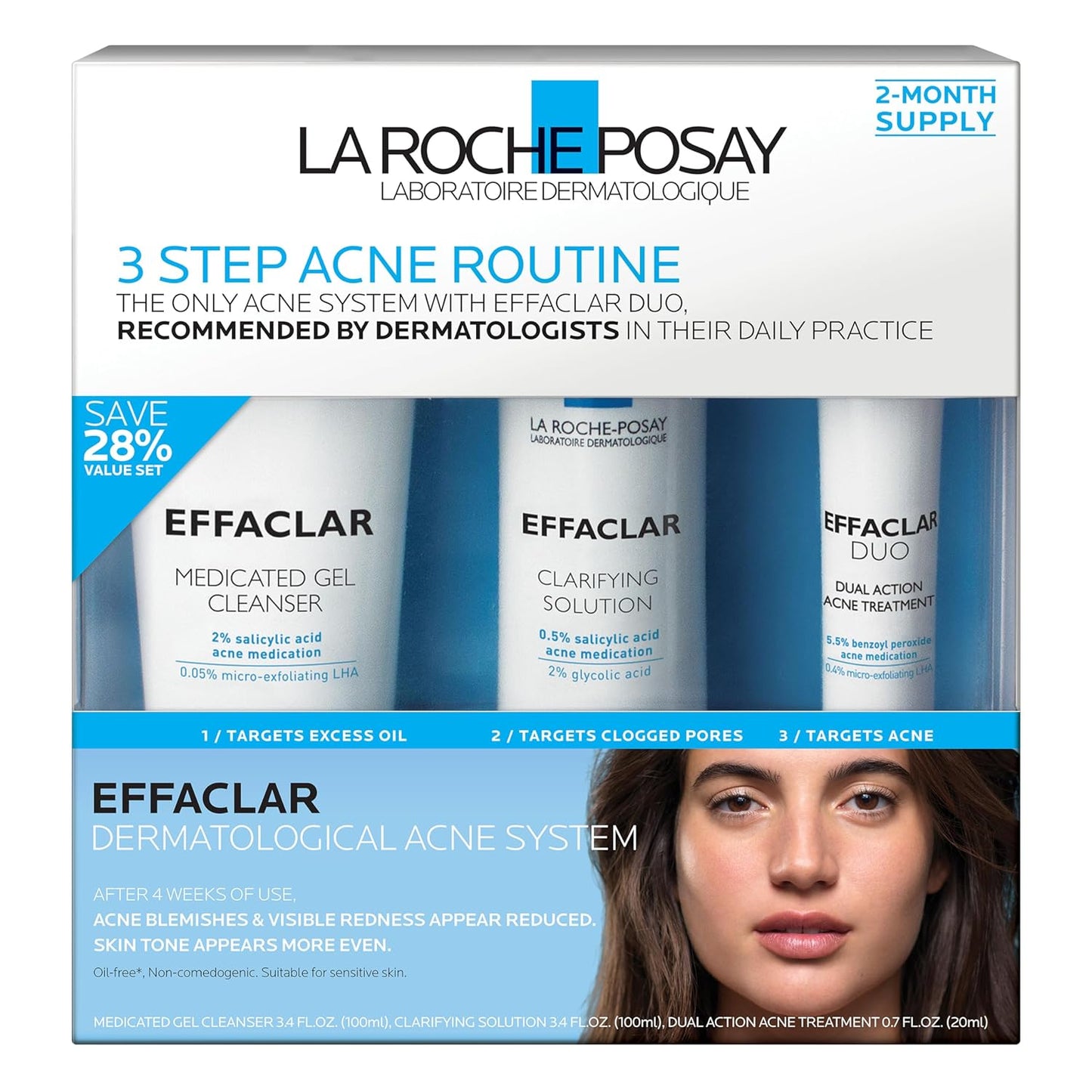 La Roche-Posay Effaclar Dermatological 3 Step Acne Treatment System, Salicylic Acid Acne Cleanser, Pore Refining Toner, and Benzoyl Peroxide Spot Treatment for Sensitive Skin