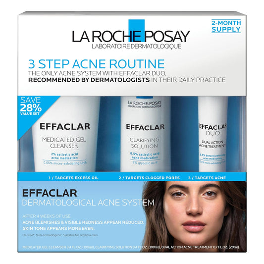 La Roche-Posay Effaclar Dermatological 3 Step Acne Treatment System, Salicylic Acid Acne Cleanser, Pore Refining Toner, and Benzoyl Peroxide Spot Treatment for Sensitive Skin