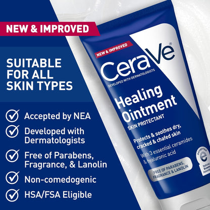 CeraVe Healing Ointment, Hydrating Skin Protectant With Petrolatum, Hyaluronic Acid & Ceramides, Face & Body Skin Barrier Repair For Cracked, Chafed, Dry Skin, Fragrance Free & Lanolin Free, 3 Oz