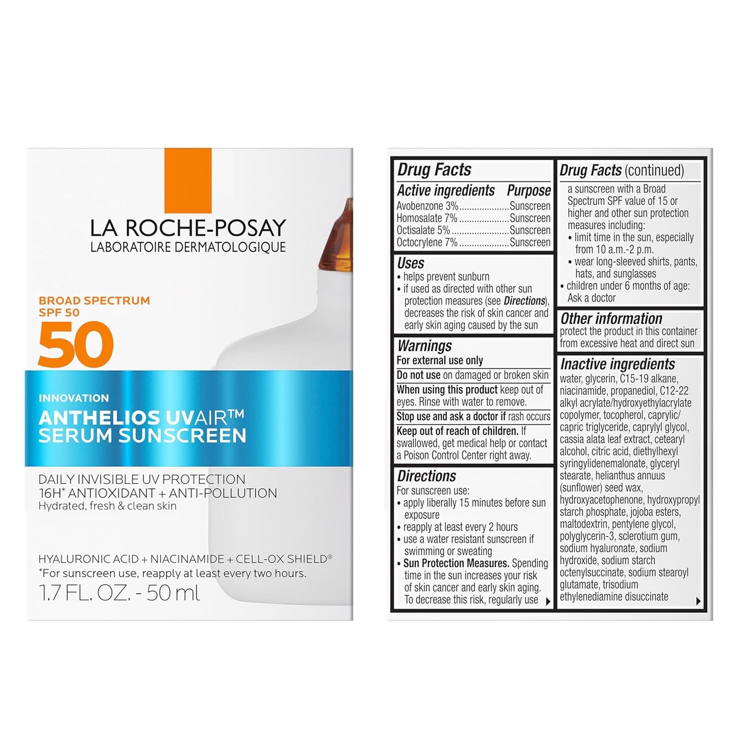 La Roche-Posay Anthelios UVAir™ Sunscreen Serum SPF 50, with Niacinamide, Hyaluronic Acid & Antioxidants, Hydrating, Invisible Finish, Lightweight Sunscreen for Face, Fast-Absorbing, 1.7oz