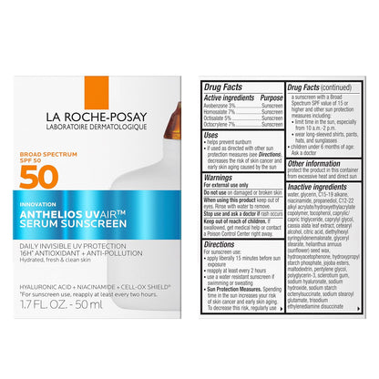 La Roche-Posay Anthelios UVAir™ Sunscreen Serum SPF 50, with Niacinamide, Hyaluronic Acid & Antioxidants, Hydrating, Invisible Finish, Lightweight Sunscreen for Face, Fast-Absorbing, 1.7oz