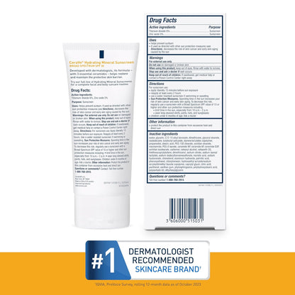 CeraVe 100% Mineral Sunscreen SPF 30, Face sunscreen With Zinc Oxide & Titanium Dioxide, Hyaluronic Acid + Niacinamide + Ceramides, Oil Free, Travel Size 2.5 oz